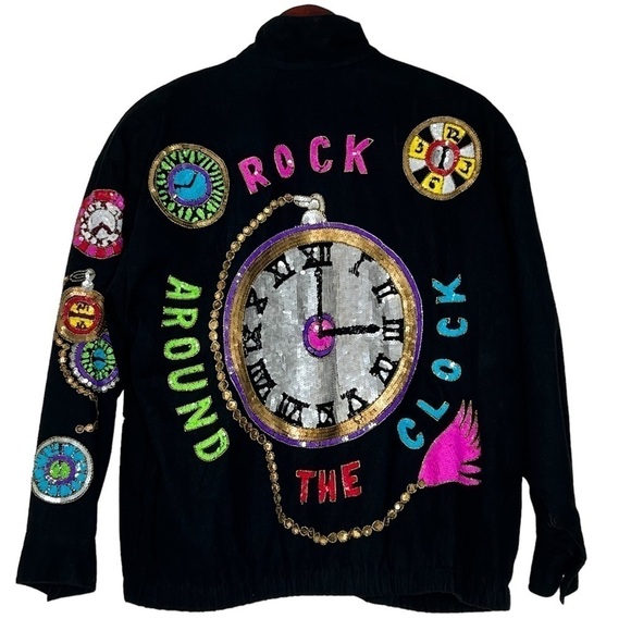 VINTAGE MODI DENIM Black Sequined Time Flies Jacket Coat Women's M 8-10 - Picture 5 of 17